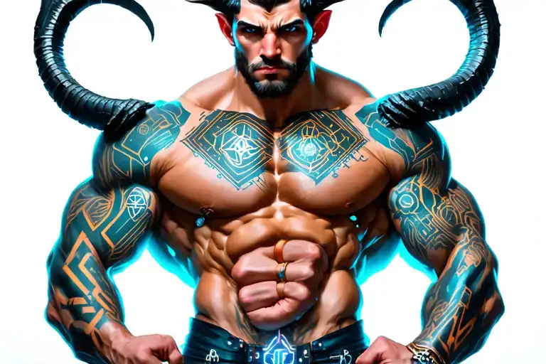 gay male horned satyr with massive bodybuilder muscles, animal companions, fisting tattoo, nipple rings, leather tattoo design idea