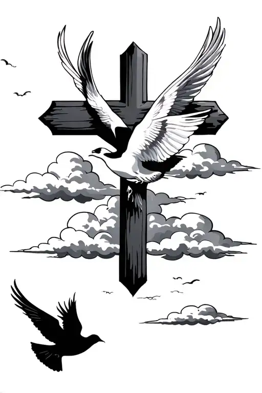 Cross with clouds and doves tattoo design idea