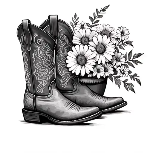 cowboy boot as flower vase with birth flowers, March, April, July, November, December  tattoo design idea