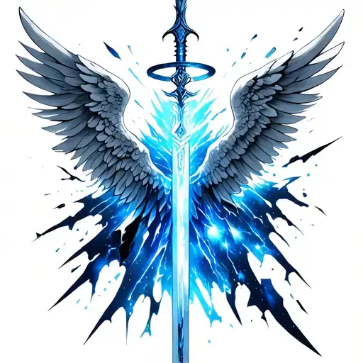 Blue galaxy with angel wings and shattered halo energy sword tattoo design idea