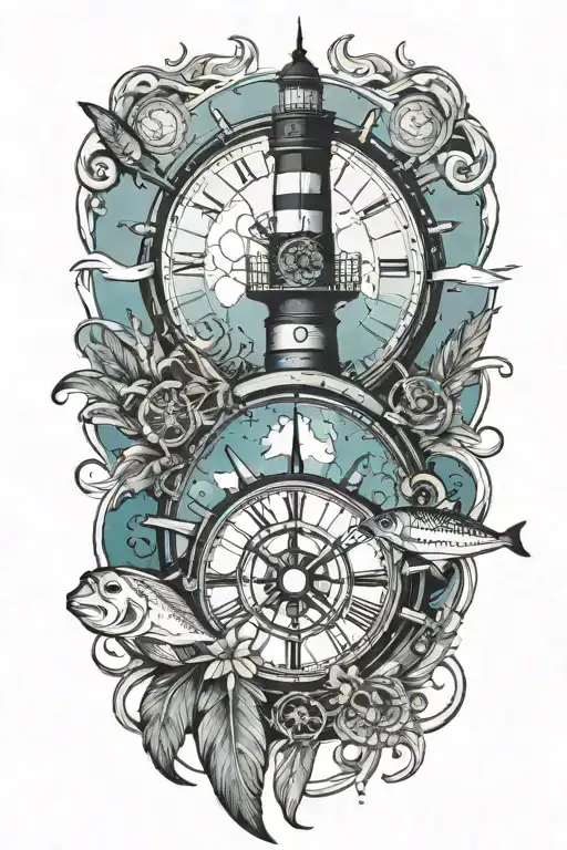 ships wheel with a clock face with a light house in the background with fish swimming through Indian feathers tattoo design idea