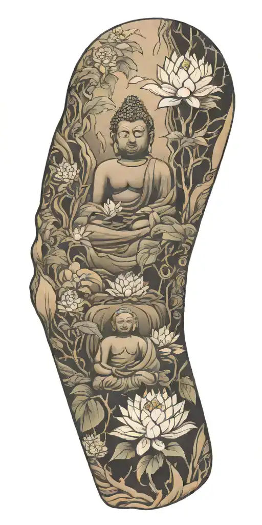 spiritual buddhist inspired tattoo featuring a traditional scenary and nature including buddha, koi, bamboo and lotus tattoo design idea