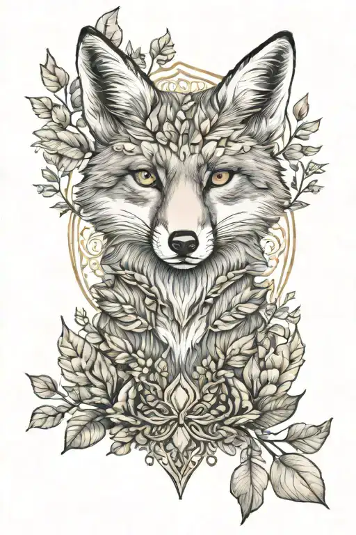 fox with gold eyes with leaves tattoo design idea