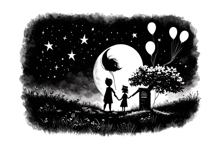The little prince looking at the moon and stars with a girl with balloons next door and a tree of life tattoo design idea