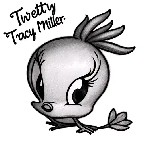 Generate me a pencil drawing of Tweety bird with the name Tracy miller at the top of it tattoo design idea
