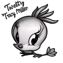 Generate me a pencil drawing of Tweety bird with the name Tracy miller at the top of it tattoo design idea