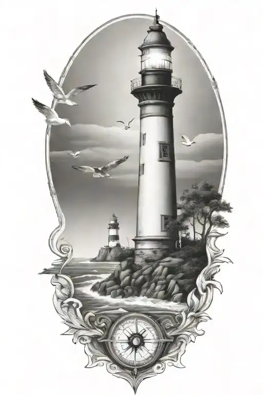 lighthouse, compass, heart, calm ocean, beach, seagull tattoo design idea