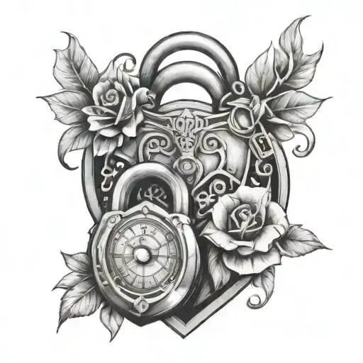 Clock Heart Padlock Thor Flower tattoo design idea