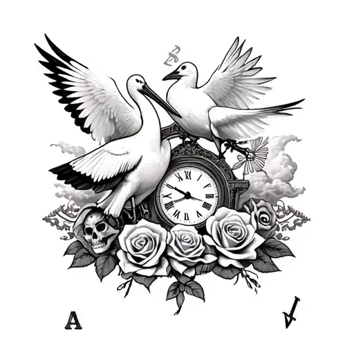 2 storks, a white dove, mum, aces, clock,  22, clouds, skulls, roses, the name cat, libra scales tattoo design idea