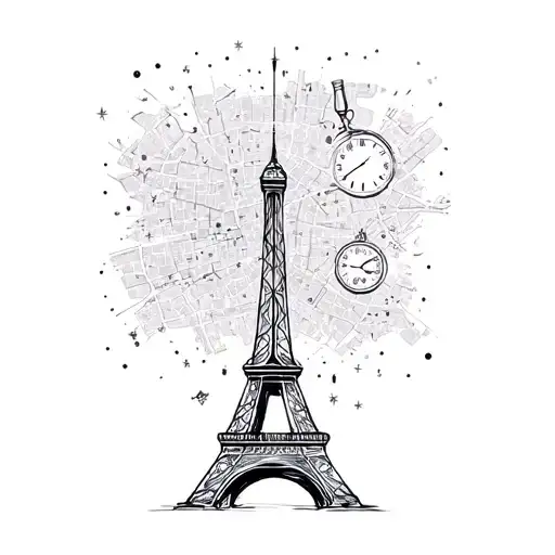 sparkling eiffel tower with a map and alleyways and champagne and clock at midnight  tattoo design idea