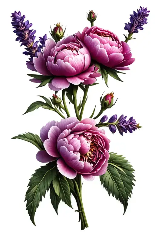 small peonies with long stalks and lavender stalks signifying duality energy tattoo design idea