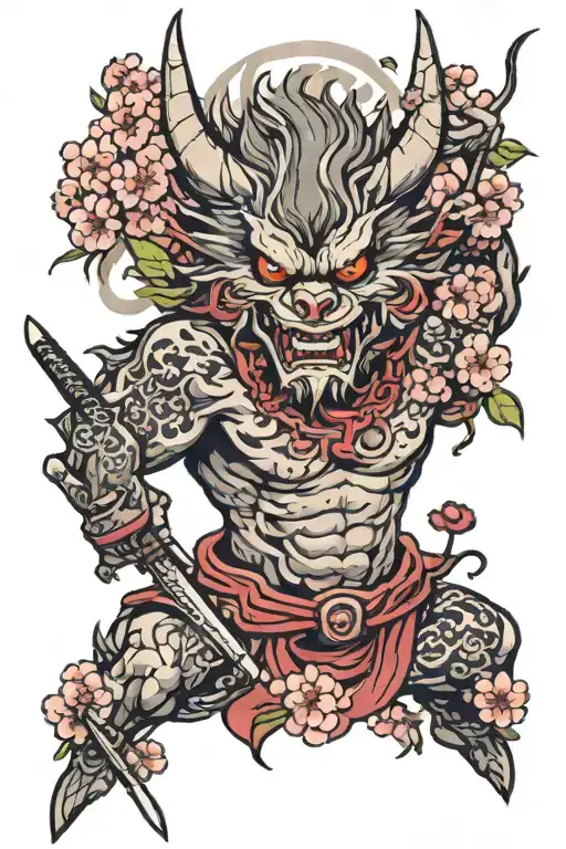 oni wolf demon with Japanese flowers and cherry blossoms around his head with a Japanese katana and Japanese temple tattoo design idea