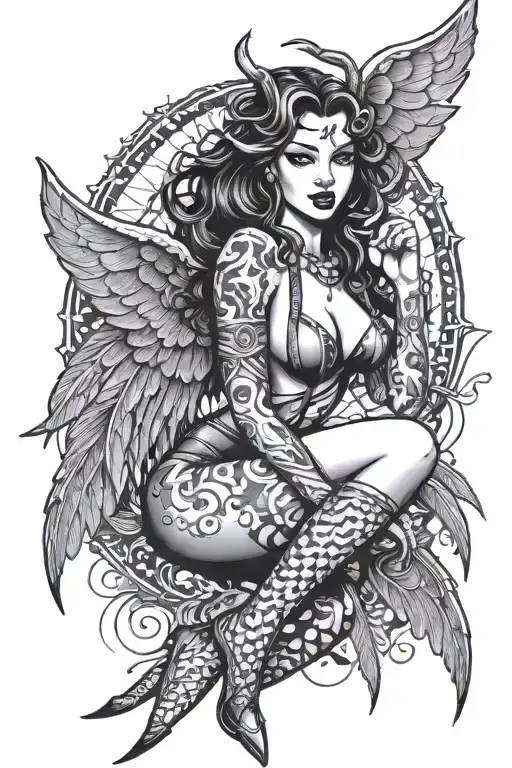 manananggal in pin-up girl style with stockings leather wings, long tongue tattoo design idea