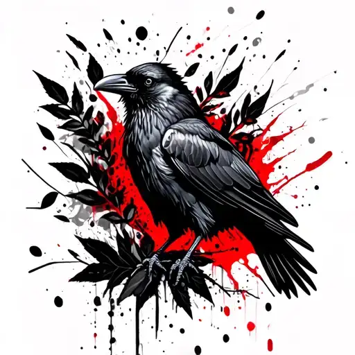 A crow with outstretched wings surrounded by black wkiats and leaves tattoo design idea