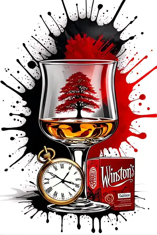 whisky glass with an oke tree, pack of Winston's cigarettes and a pocket watch  tattoo design idea