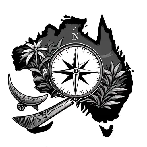 Australia landscape with compass and boomerang tattoo design idea