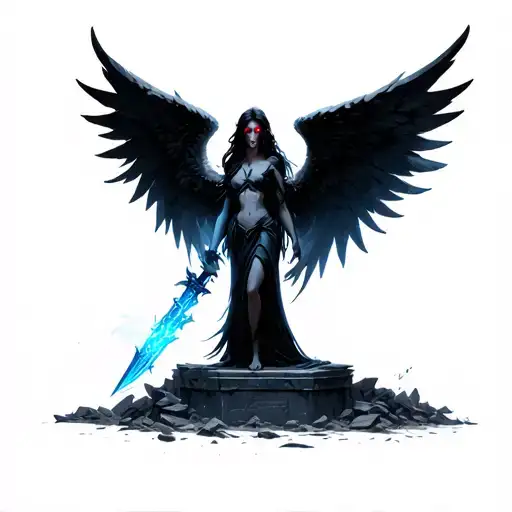 A dark angel with massive black wings and glowing red eyes, standing on a crumbled stone altar. The angel wields a glowi tattoo design idea
