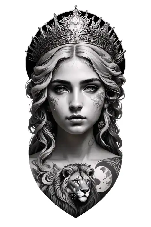black & grey realism greek goddess leto with light color hair, wearing crown with veil, a lion and moon tattoo design idea
