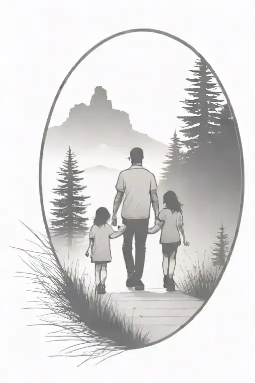 father in the middle holding hands with two small girls walking down the road with forest and cliffs in background tattoo design idea