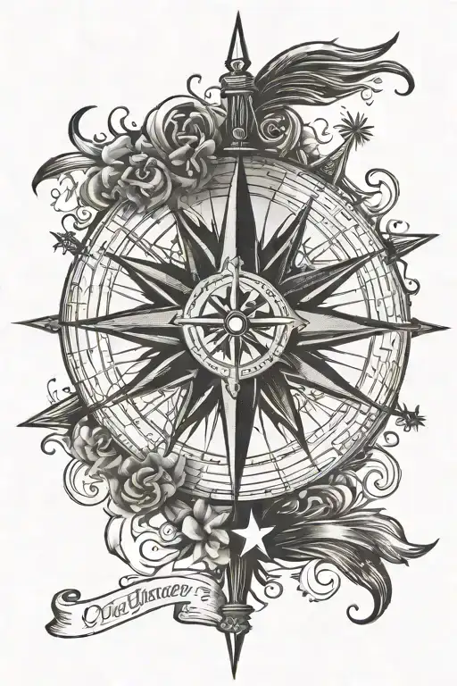 A compass rose tattoo, with each direction pointing towards a different family member's name, along with subtle hints of the Puerto Rican and American flags in the background tattoo design idea
