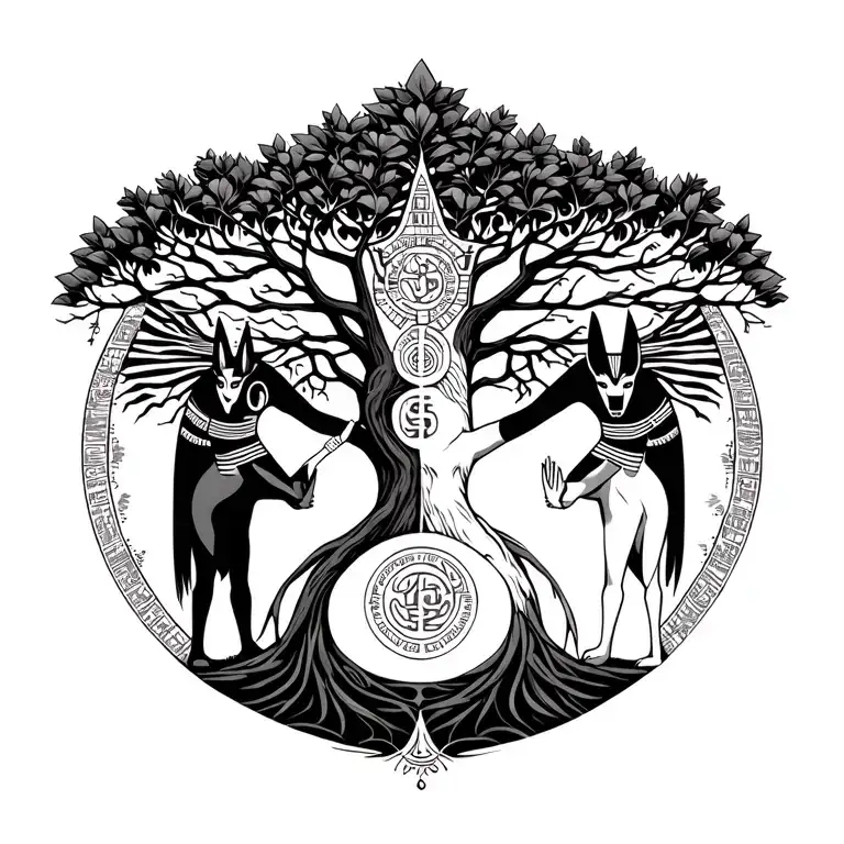 nordish tree of life, on right side Amon Ra, on left side Anubis, in the middle of the tree ing yang symbol tattoo design idea