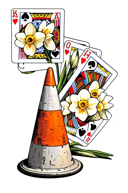 traffic cone with narcissus flowers and playing cards tattoo design idea