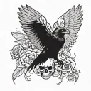 Raven with wings spread on a skull tattoo design idea