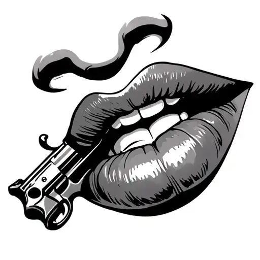 lips with gun pointing towards lips  tattoo design idea