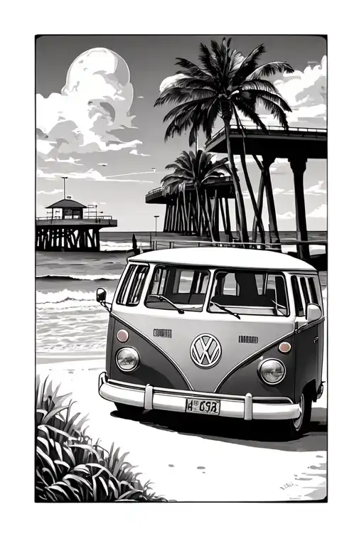 1966 vw bus front end with the sillohette of the Huntington Beach, CA pier in the background tattoo design idea