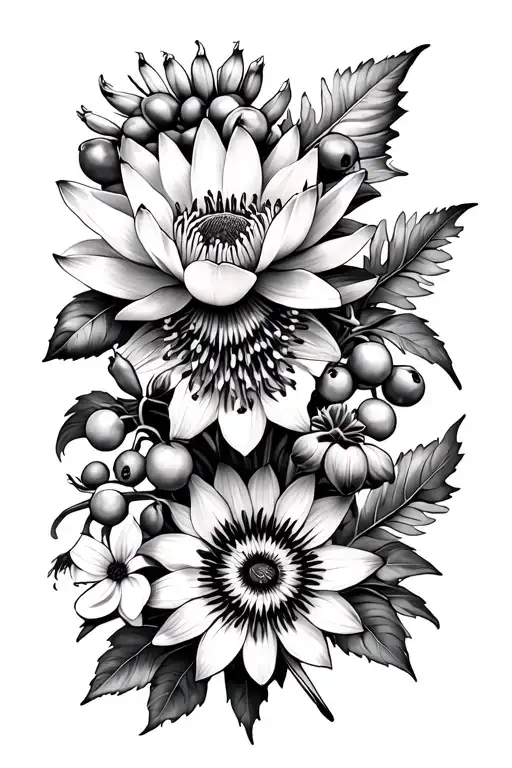 Blue Lotus, Deadly Nightshade (with berries), Passionflower, Foxglove, Calendula (Marigold), and Chrysanthemum tattoo design idea