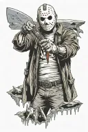 Jason Voorhies holding a machete with Michael Myers mask on it. In Jason's other had is Freddy Krueger's severed tattoo design idea