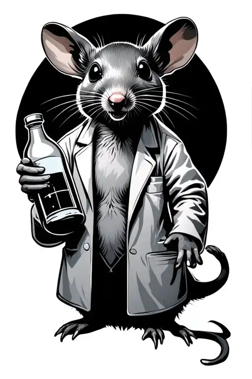 an eerie scary  laboratory rat wearing a lab coat and holding a bottle of reagent.  tattoo design idea