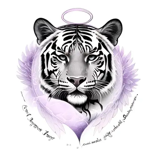woman and tigers face morphed into one phases of the moon on top lilac/rose border cursive d with halo or angel wings tattoo design idea