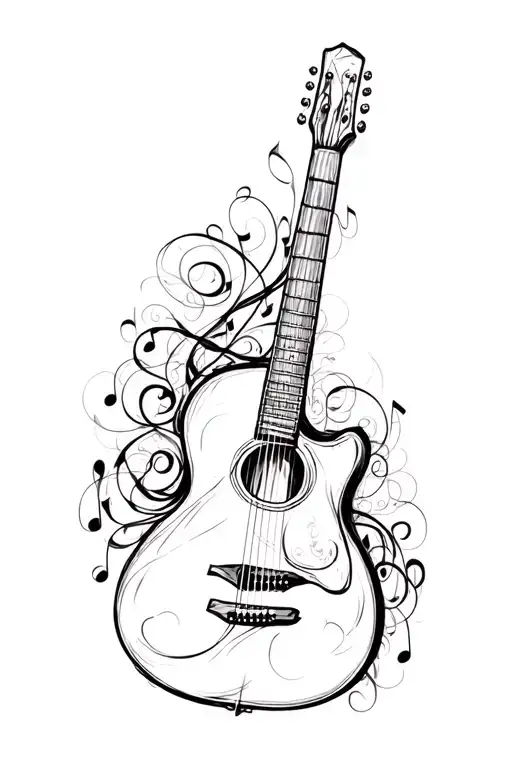 guitar with scroll musical notes swirling tattoo design idea