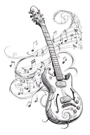 guitar with scroll musical notes swirling tattoo design idea