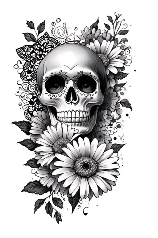 half sleeve for a female with black lace background sugar skulls signs representing Gemini renuncila andGerber daisies tattoo design idea