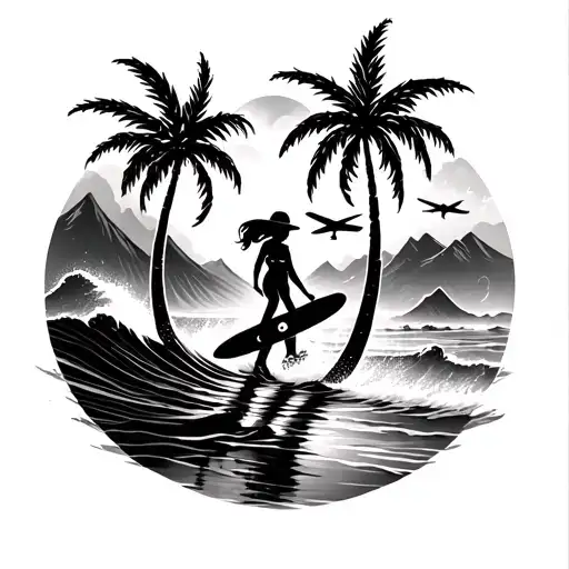 palm trees and waves and girl with surf board and plane and mountains and snowboard tattoo design idea