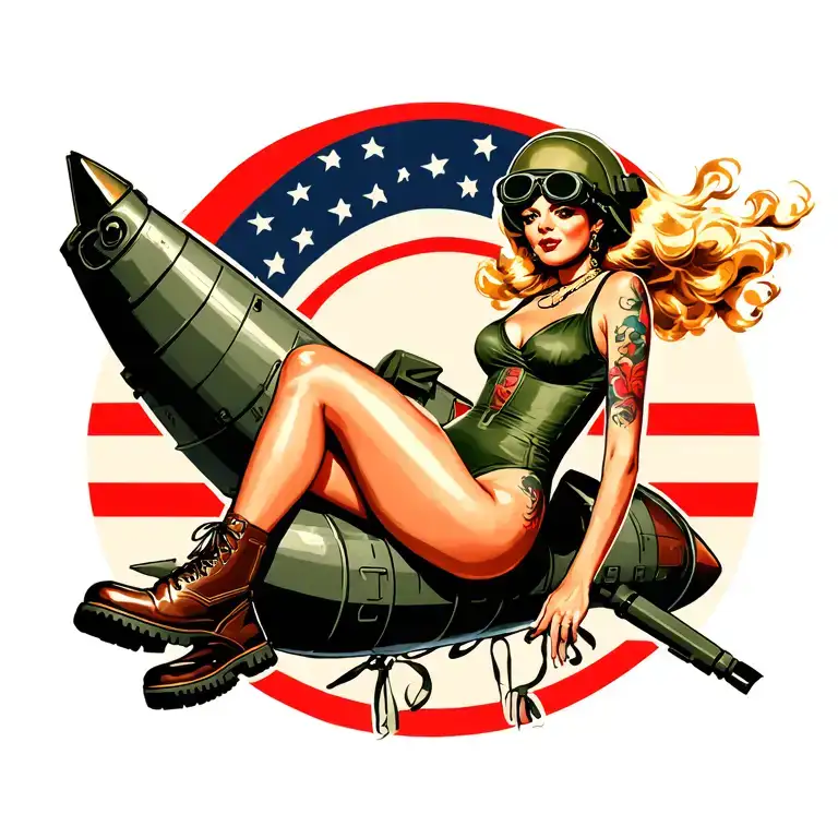 WWII pinup sitting on WWII missile, vintage swimsuit, combat boots, army helmet with goggles, blonde windblown tattoo design idea
