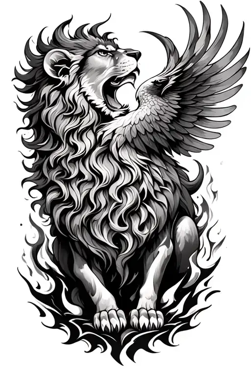lion and phoenix rising from the ashes tattoo design idea