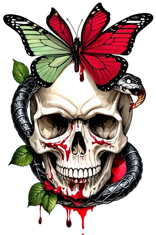 skull snakes butterfly red rose blood barbed wire tattoo design idea