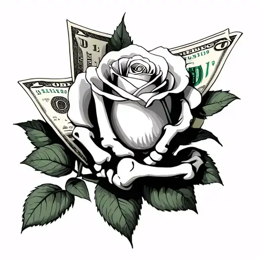 Rose made out of 100 dollar bill with skeleton fingers for the fingers hand tattoo with Nicholas across the top tattoo design idea