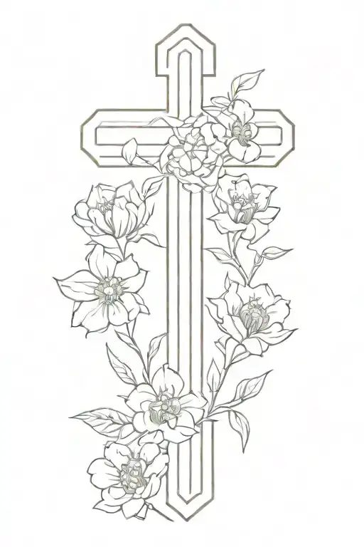 orthodox cross surrounded by poeny flowers tattoo design idea