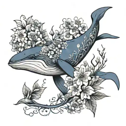 blue whale with flowers surrounding tattoo design idea