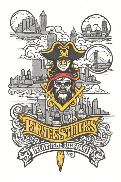 downtown Pittsburgh skyline with pirates pinguins and Steelers logo tattoo design idea