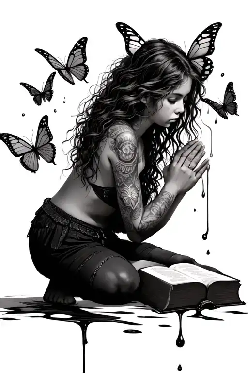 a girl on her knees praying with a bible in front of her, butterflies coming out of the bible and oil dripping from her  tattoo design idea