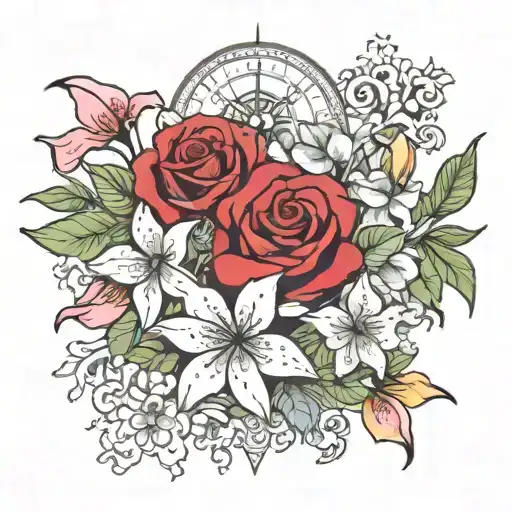 roses, cherry blossoms and lilies bouquet with compass tattoo design idea