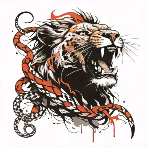 smoking lion face snakes wrapped around tattoo design idea