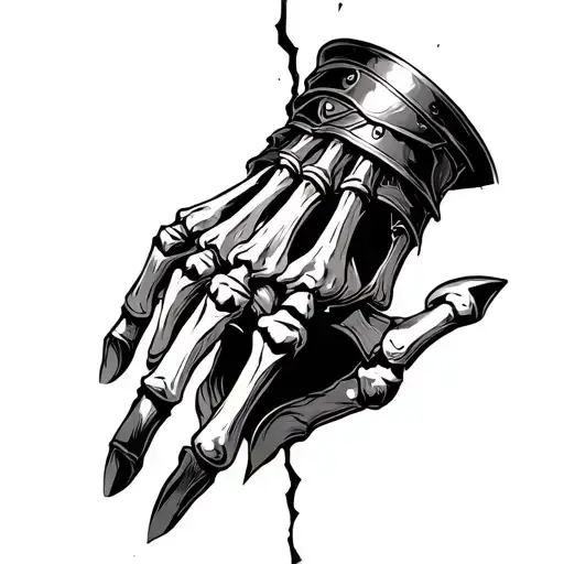 Armor gauntlet broken in half with skeleton hand under tattoo design idea