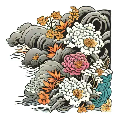 Long line of colorful Japanese flowers and clouds tattoo design idea