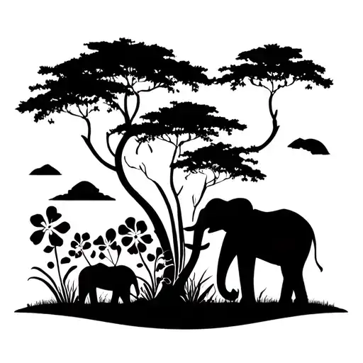  African safari scene with elephants  flowers and bonzi trees  tattoo design idea